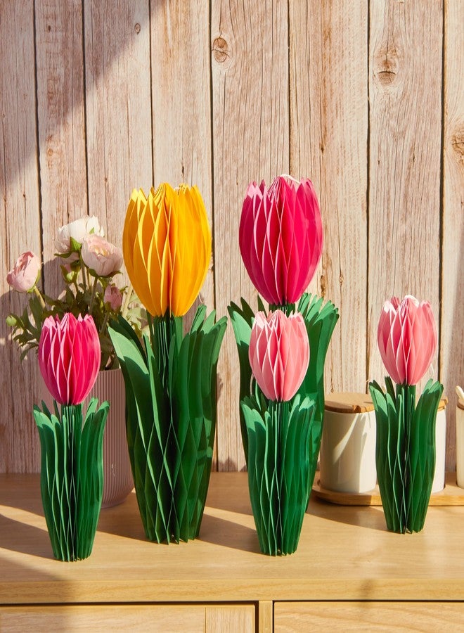 PAPER JAZZ 8 PCS Tulip Flower Centerpieces for Tables,Garden Party Centerpiece Decorations,Paper Flower Tulip Honeycomb Decor Spring Home Decoration for Office Pink Yellow Decor Summer. - Image 1